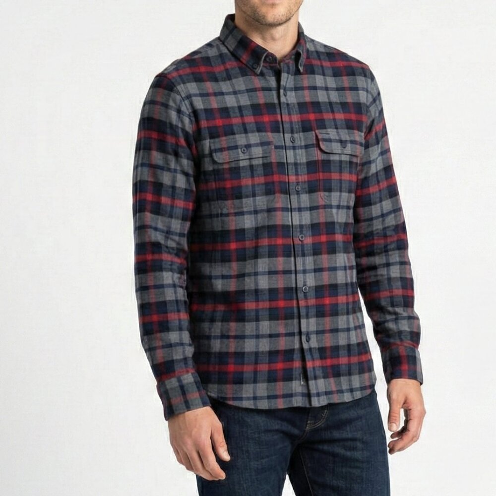 Nordstrom Plaid Flannel Shirt Mens Medium Trim Fit Gray Navy Red